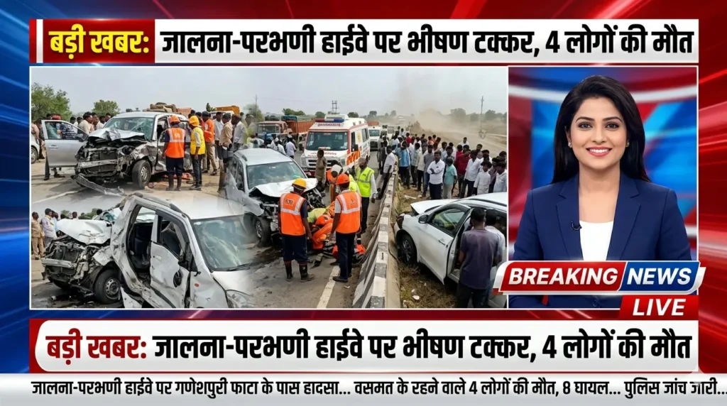Accident Scene On Jalna Highway At Ganeshpuri Phata Accident Involving White Car And Minibus