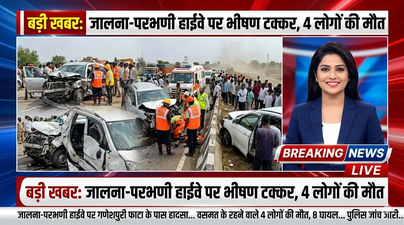 Accident scene on Jalna highway at Ganeshpuri Phata Accident involving white car and minibus