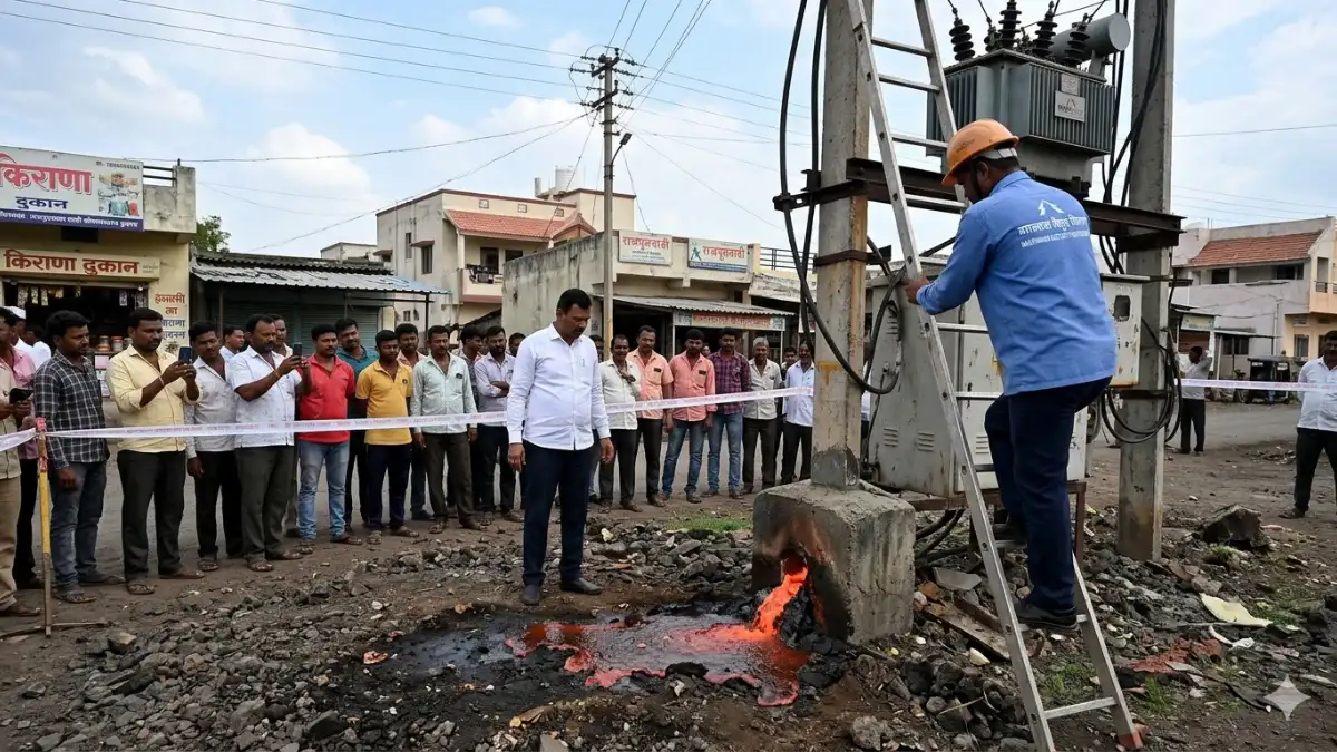 Jalna Lava News जालन्यात राजपूतवाडी भागात जमिनीतून बाहेर येणारा लावा सारखा पदार्थ आणि तपास करणारे कर्मचारी.